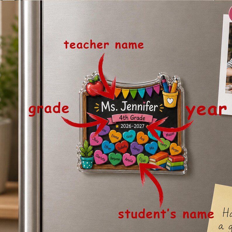 Personalized Teacher Shaker Magnet, Custom Teacher and Student Names Fridge Magnet