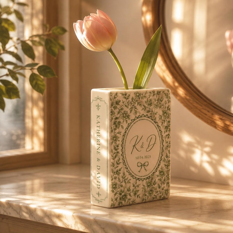 Custom Toile De Jouy Ceramic Book Vase, Personalised Wedding Gift for Couple, Floral Book Shaped Vase