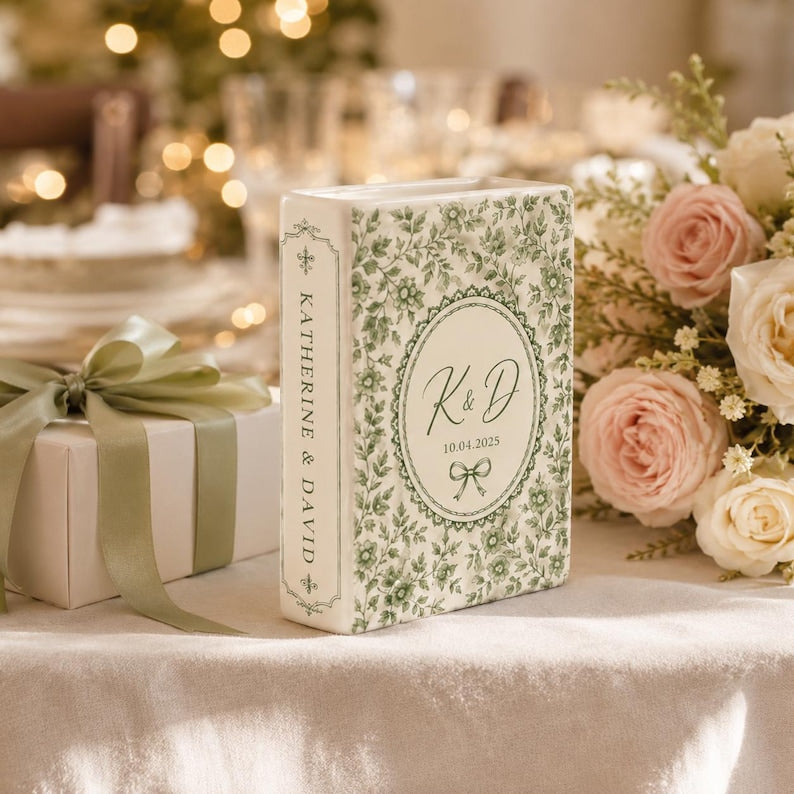 Custom Toile De Jouy Ceramic Book Vase, Personalised Wedding Gift for Couple, Floral Book Shaped Vase