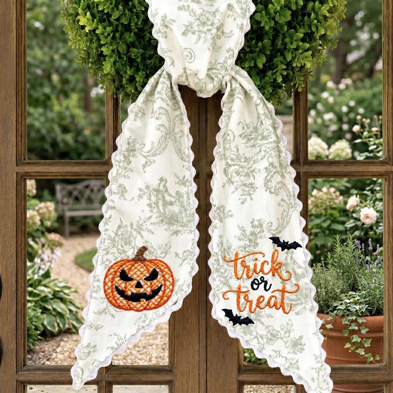 Embroidered Pumpkin Wreath Sash, Custom Monogram Fall Door Bows, Rustic Cotton Autumn Decor