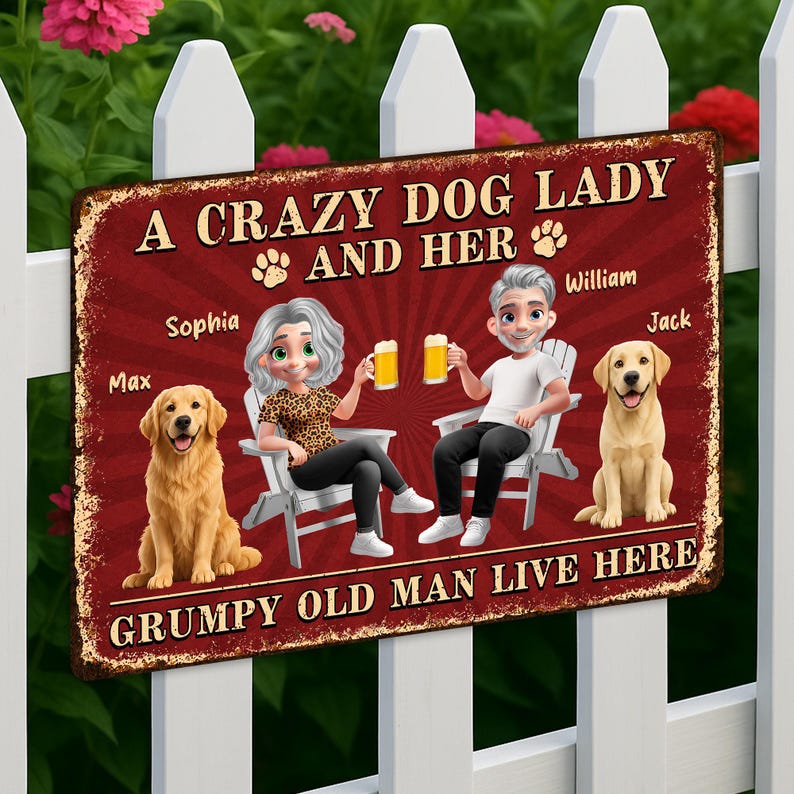 Personalized Crazy Dog Lady Metal Yard Sign, Custom Couple Outdoor Decor