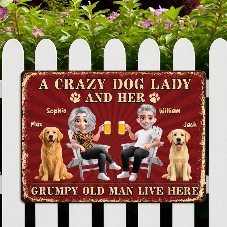 Personalized Crazy Dog Lady Metal Yard Sign, Custom Couple Outdoor Decor