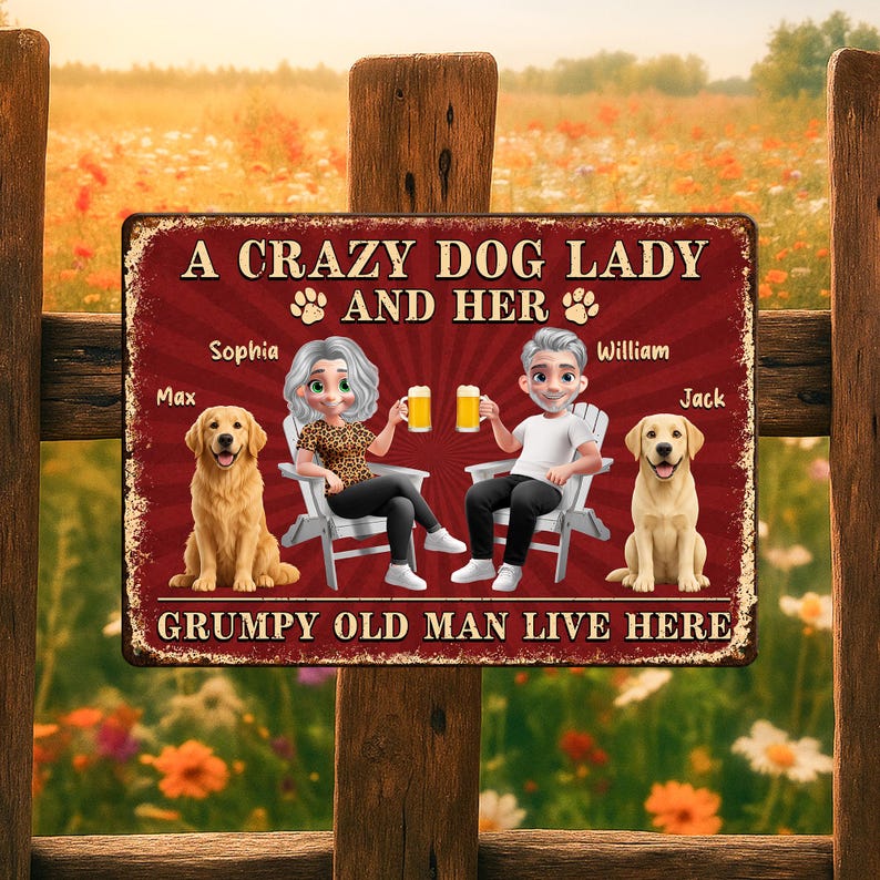 Personalized Crazy Dog Lady Metal Yard Sign, Custom Couple Outdoor Decor