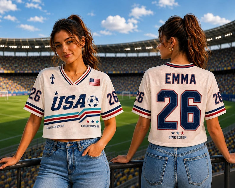 Custom USA Mesh Crop Top Soccer Jersey Shirt, Personalized Name Number Football Jersey