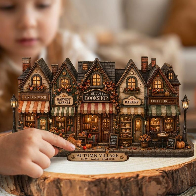 Fall Wooden Block Decor, Custom Family Name Autumn Village Shelf Sitter, Miniature Cottage Shops