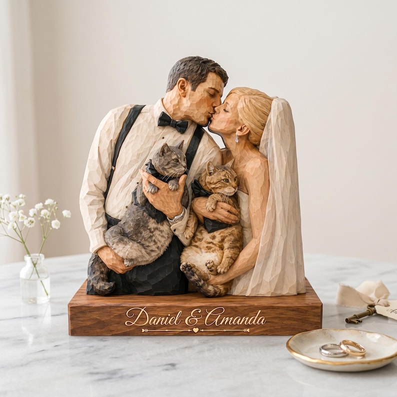 Personalized Wedding Photo Wooden Sign, Custom Couple Portrait With Pets, Bride Groom Keepsake