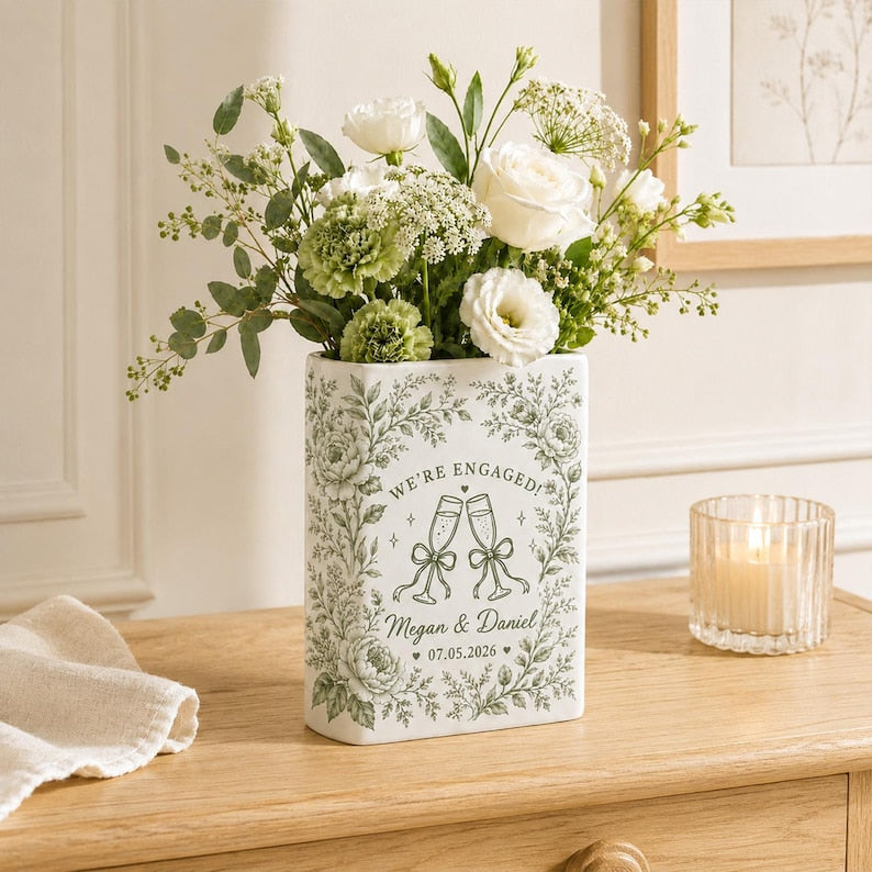 Personalized Toile Couple Ceramic Book Vase, Custom Wedding Keepsake, Engagement Gift