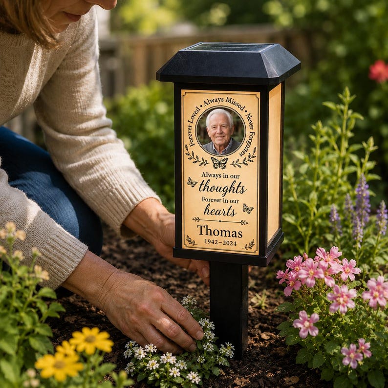 Personalized Photo Memorial Solar Garden Stake Light, Custom Name Year Outdoor Lantern