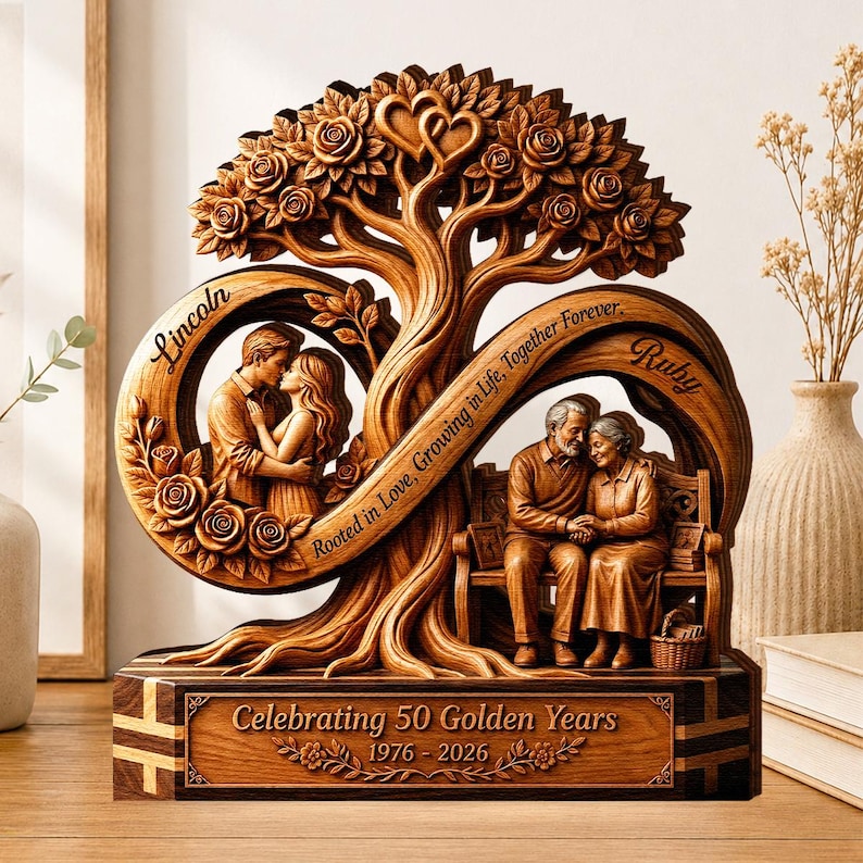 Personalized Infinity Tree Wooden Plaque, Custom 50th Wedding Anniversary, Gift for Couple