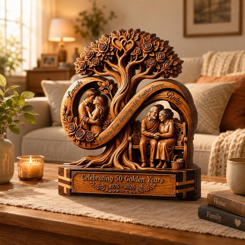 Personalized Infinity Tree Wooden Plaque, Custom 50th Wedding Anniversary, Gift for Couple