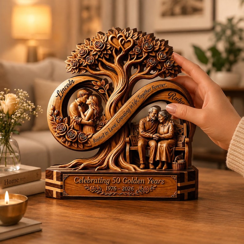 Personalized Infinity Tree Wooden Plaque, Custom 50th Wedding Anniversary, Gift for Couple