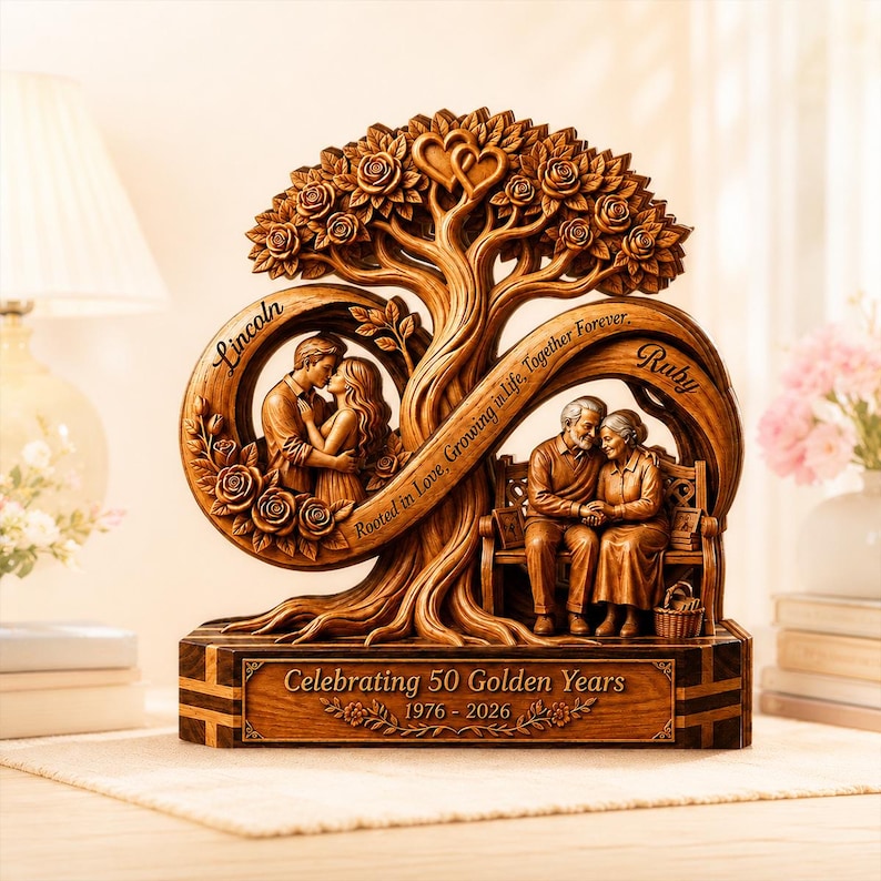 Personalized Infinity Tree Wooden Plaque, Custom 50th Wedding Anniversary, Gift for Couple