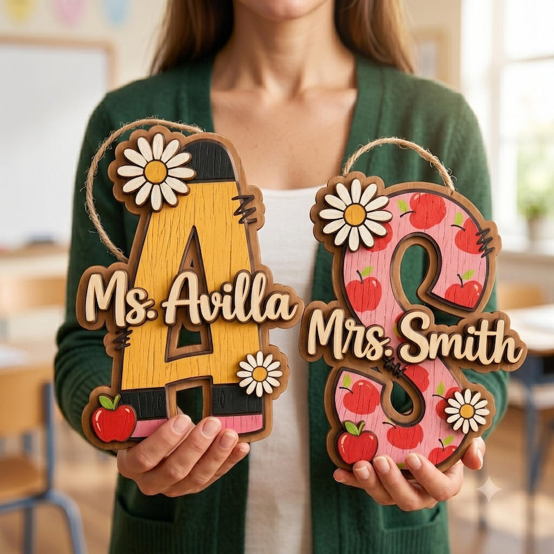 Personalized Alphabet Teacher Door Hanger, Back To School Teacher Gift, Custom Pencil Classroom Sign