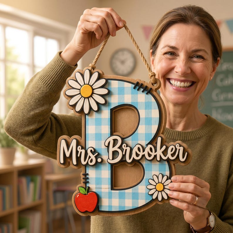 Personalized Alphabet Teacher Door Hanger, Back To School Teacher Gift, Custom Pencil Classroom Sign