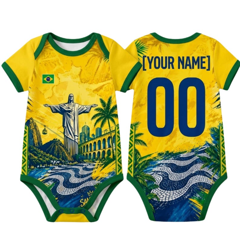 Brazil Soccer Baby Bodysuit, Custom Infant National Football Team Romper
