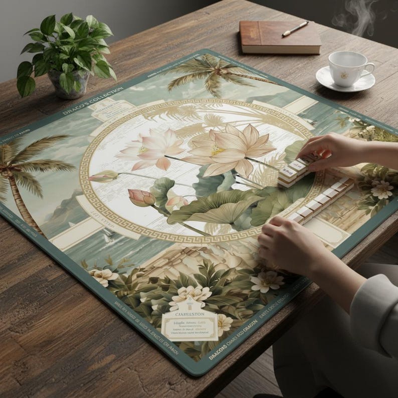 Tropical Lotus Mahjong Mat, Exotic Palm Tree Game Board Cover, Elegant Mahjong Player Gift