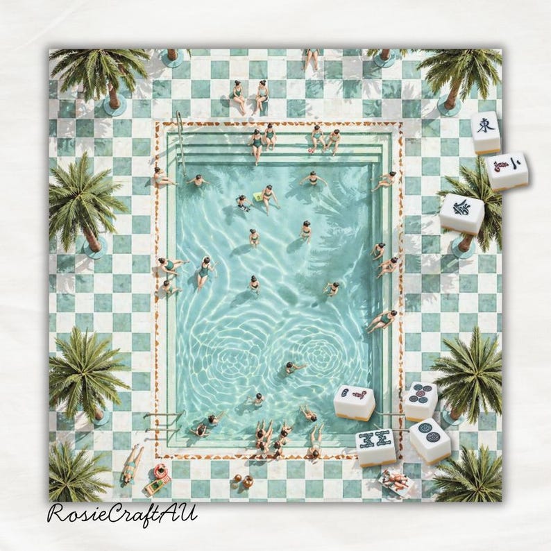 Luxury Mahjong Mat With Vibrant Swimming Pool Design, Aesthetic Game Night Table Accessory, Modern Mahjong Play Mat