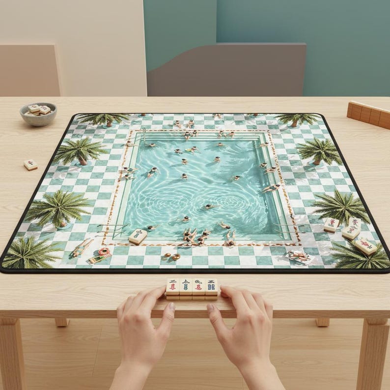 Luxury Mahjong Mat With Vibrant Swimming Pool Design, Aesthetic Game Night Table Accessory, Modern Mahjong Play Mat
