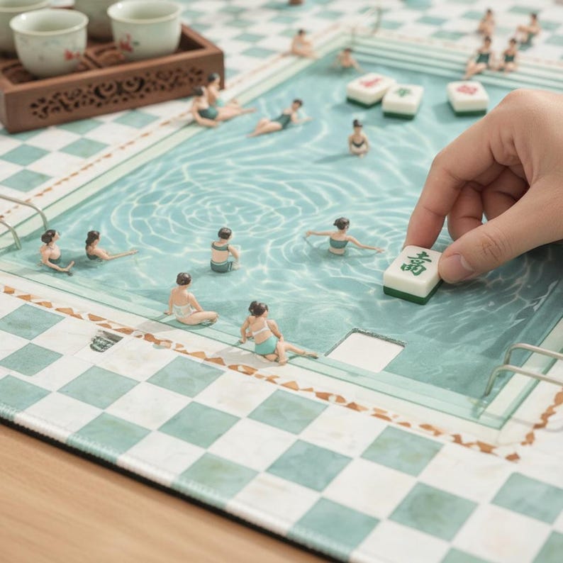 Luxury Mahjong Mat With Vibrant Swimming Pool Design, Aesthetic Game Night Table Accessory, Modern Mahjong Play Mat