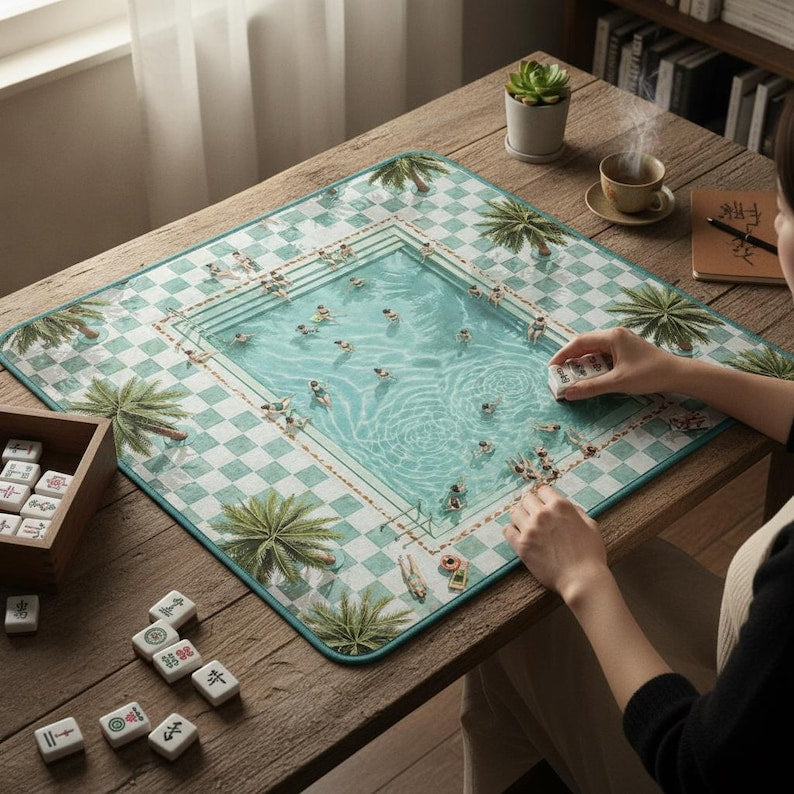 Luxury Leopard Pool Mahjong Mat, Tropical Palm Tree Game Table Decor, Unique Illustrated Playmat, Aesthetic Home Gift