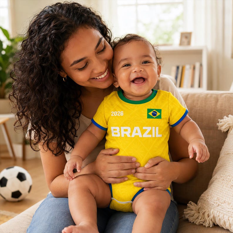 Personalized Brazil Baby Bodysuit, Custom Name Number Brazil Infant Soccer Outfit