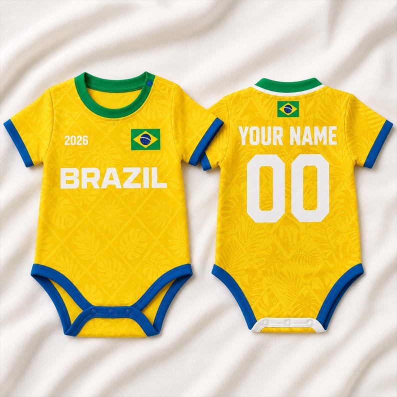 Personalized Brazil Baby Bodysuit, Custom Name Number Brazil Infant Soccer Outfit