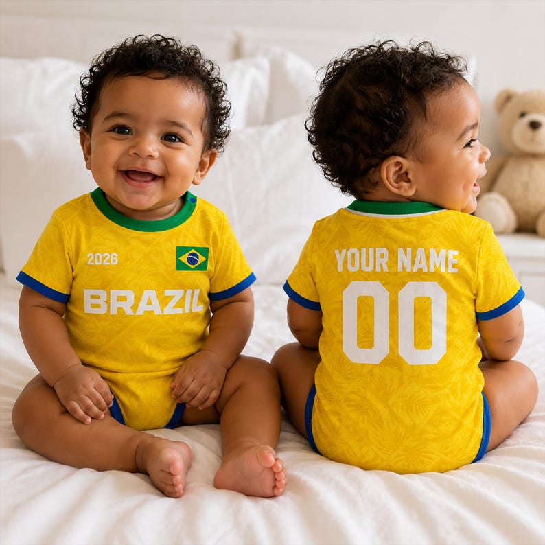 Personalized Brazil Baby Bodysuit, Custom Name Number Brazil Infant Soccer Outfit