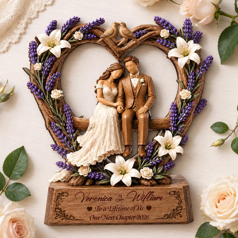 Personalized Wedding Couple Sculpture, Custom Bride and Groom Anniversary Gift, Romantic Heart Frame Keepsake