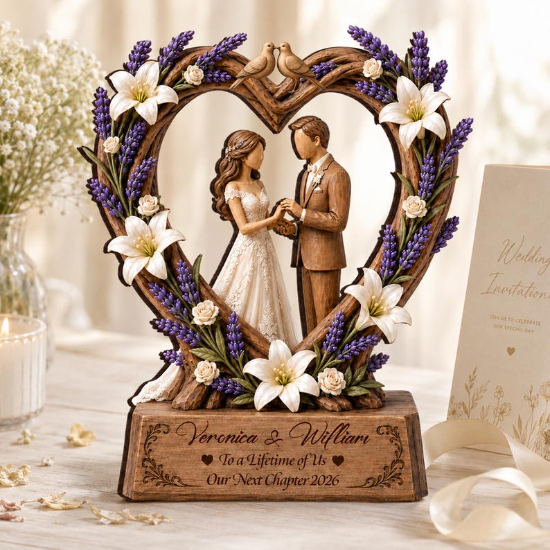 Personalized Wedding Couple Sculpture, Custom Bride and Groom Anniversary Gift, Romantic Heart Frame Keepsake