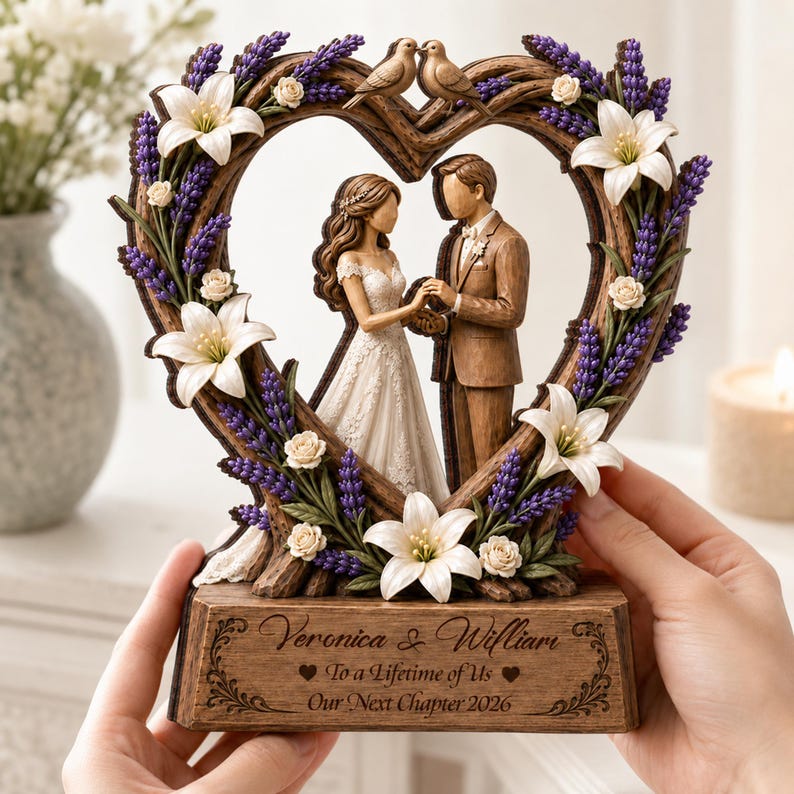 Personalized Wedding Couple Sculpture, Custom Bride and Groom Anniversary Gift, Romantic Heart Frame Keepsake