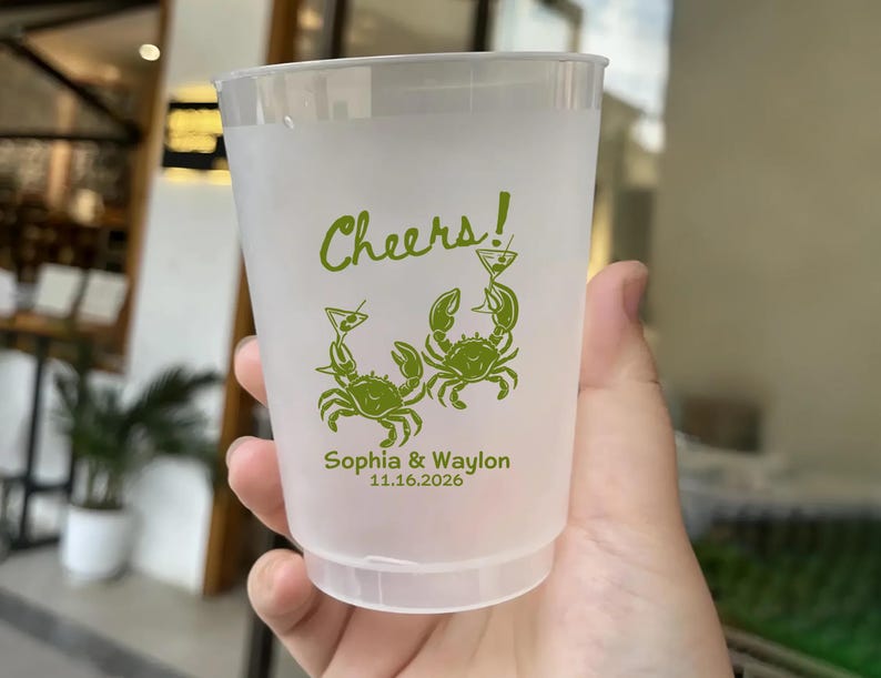 Custom Crab Wedding Cups, Personalized Coastal Party Cups