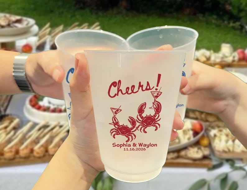 Custom Crab Wedding Cups, Personalized Coastal Party Cups