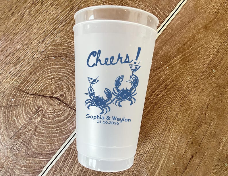 Custom Crab Wedding Cups, Personalized Coastal Party Cups