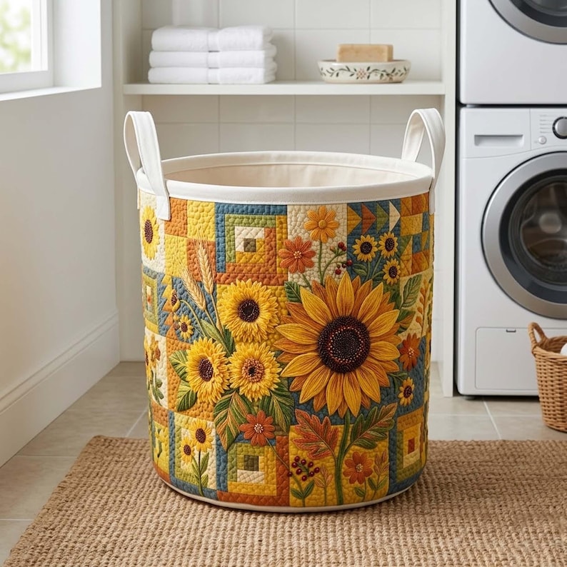 Sunflower Quilted Laundry Basket, Summer Floral Storage Bin, Large Foldable Basket