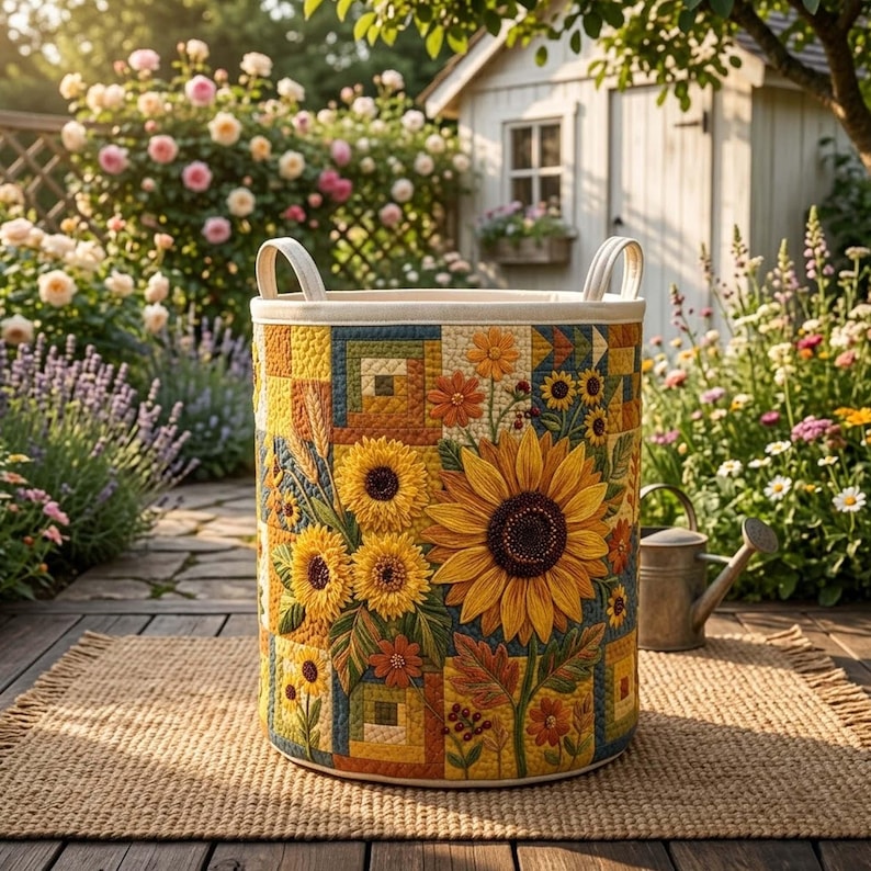 Sunflower Quilted Laundry Basket, Summer Floral Storage Bin, Large Foldable Basket