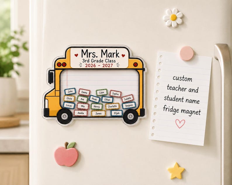 Personalized School Bus Shaker Magnet, Custom Teacher and Student Name Fridge Magnet, Back To School Gift