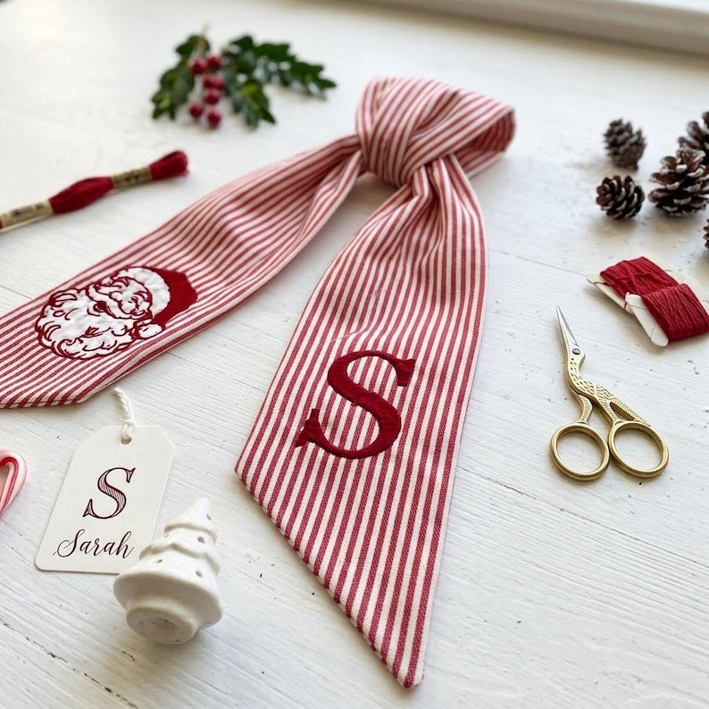Personalized Christmas Wreath Sash, Stripe Front Door Ric Rac Bow, Embroidered Santa Decor