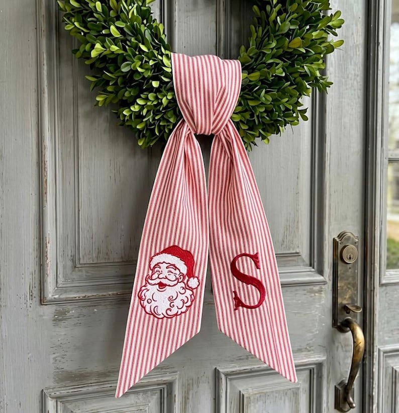 Personalized Christmas Wreath Sash, Stripe Front Door Ric Rac Bow, Embroidered Santa Decor