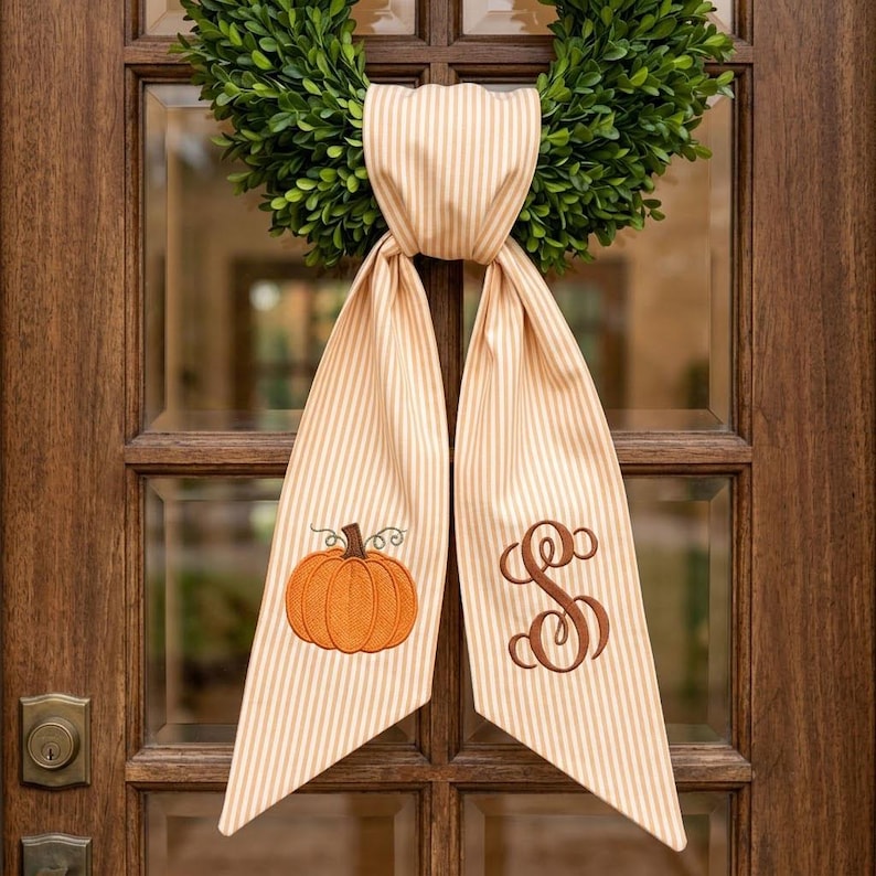 Embroidered Pumpkin Wreath Sash, Fall Monogram Door Ric Rac Bow, Custom Autumn Wreath Ribbon