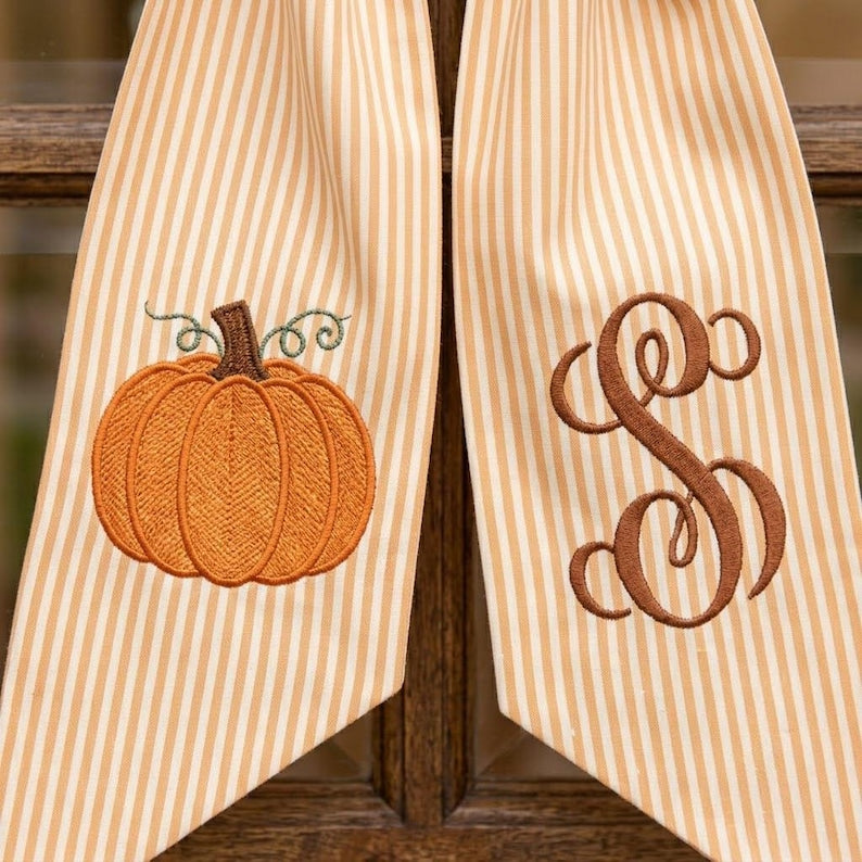 Embroidered Pumpkin Wreath Sash, Fall Monogram Door Ric Rac Bow, Custom Autumn Wreath Ribbon