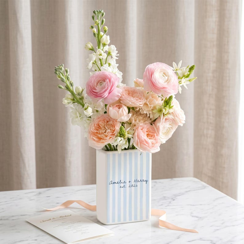 Personalized Engagement Ceramic Book Vase, Custom Striped Couple Name Book Vase