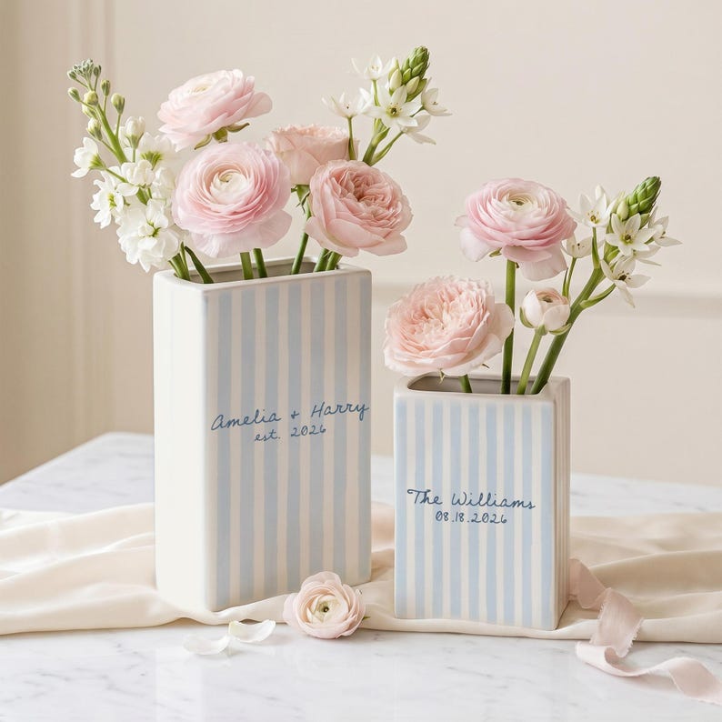 Personalized Engagement Ceramic Book Vase, Custom Striped Couple Name Book Vase
