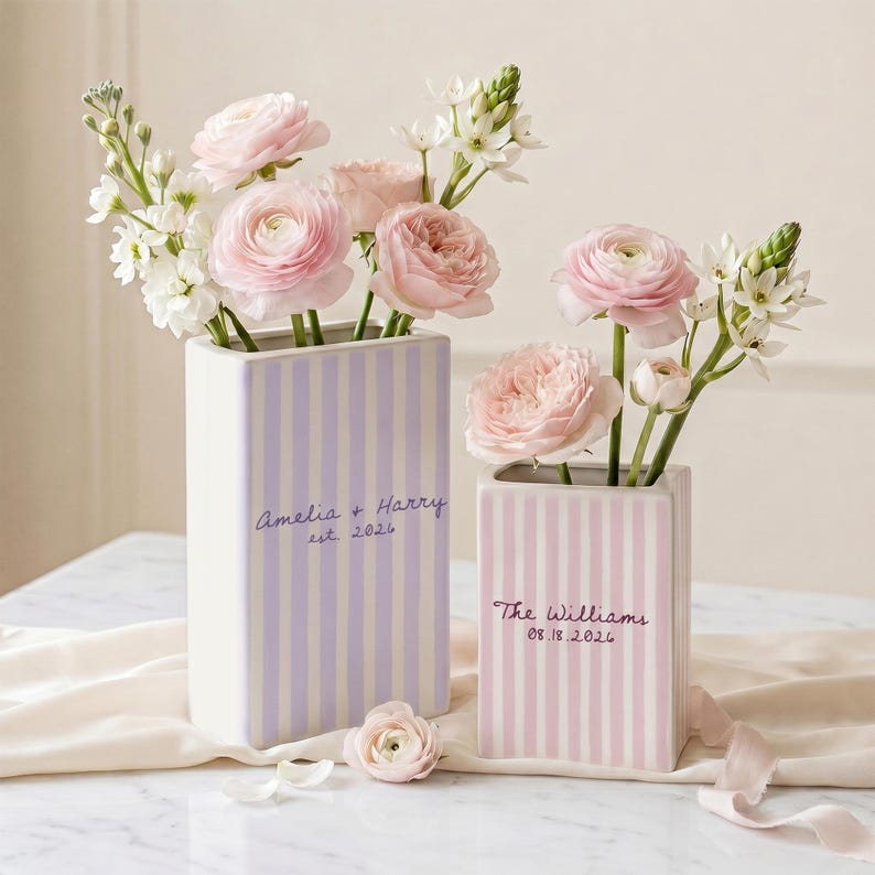 Personalized Engagement Ceramic Book Vase, Custom Striped Couple Name Book Vase