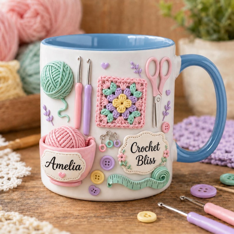 Personalized Crochet Mug, Yarn Love Coffee Cup, Custom Name Knitting Mug, Crochet Lover Gift, Knitter Gift, Yarn Lover Mug