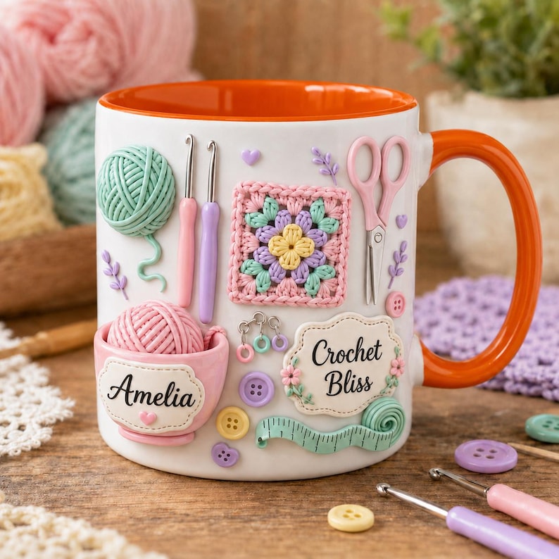 Personalized Crochet Mug, Yarn Love Coffee Cup, Custom Name Knitting Mug, Crochet Lover Gift, Knitter Gift, Yarn Lover Mug