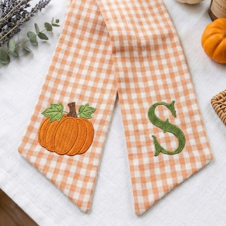 Embroidered Custom Pumpkin Fall Wreath Sash, Personalized Monogram Thanksgiving Decor, Fall Wreath Scarf with Initial