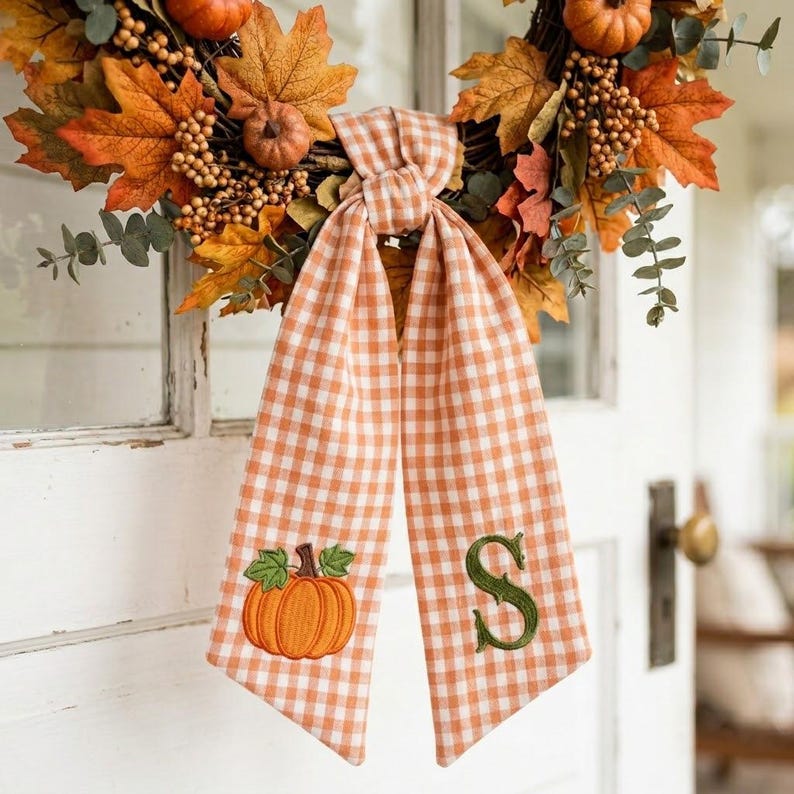 Embroidered Custom Pumpkin Fall Wreath Sash, Personalized Monogram Thanksgiving Decor, Fall Wreath Scarf with Initial