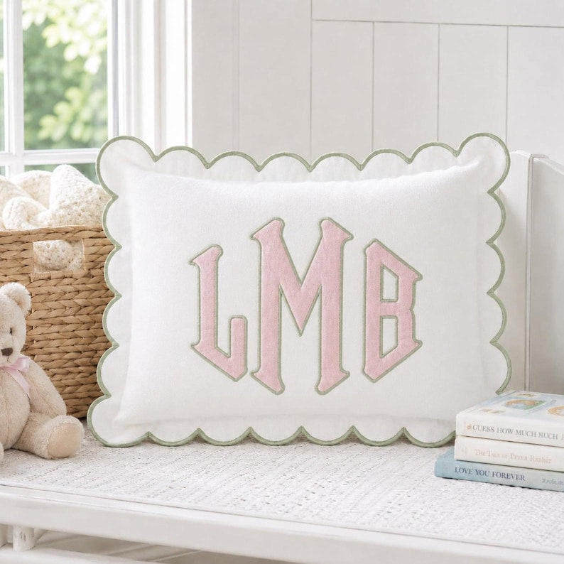 Personalized Embroidered Pillow Cover, Custom Name Cushion Cover, Monogram Scalloped Pillow, Kids Room Decor