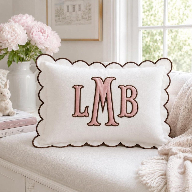 Personalized Embroidered Pillow Cover, Custom Name Cushion Cover, Monogram Scalloped Pillow, Kids Room Decor