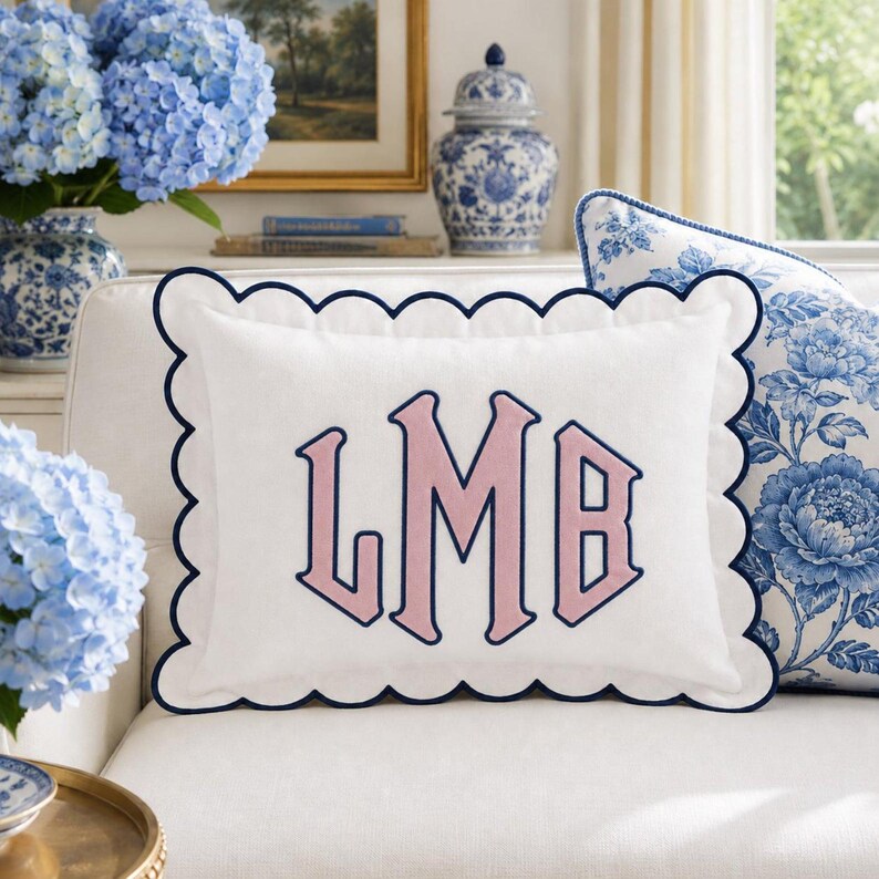 Personalized Embroidered Pillow Cover, Custom Name Cushion Cover, Monogram Scalloped Pillow, Kids Room Decor